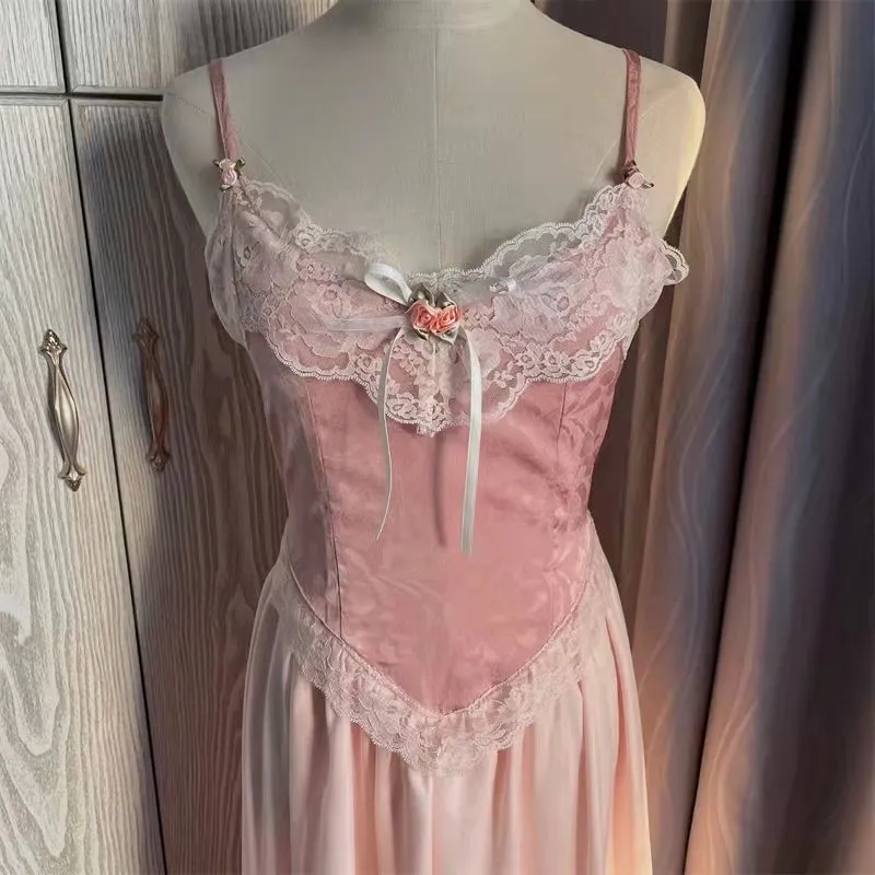 Floral Vintage Elegant Strap Dress Women Lace France Sexy Evening Party Long Dresses Pink Sweet Princess Fairy Dress Summer