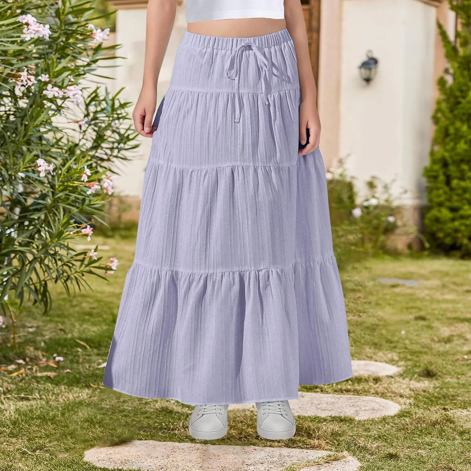 Girls Maxi Skirt Boho Casual Tiered High Waist A Line Flowy Long Skirt Kids Summer Swing Ankle Length Drawstring Skirts