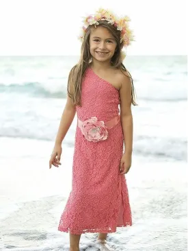 Girls Pink Lace One Shoulder Dress with Flower Belt