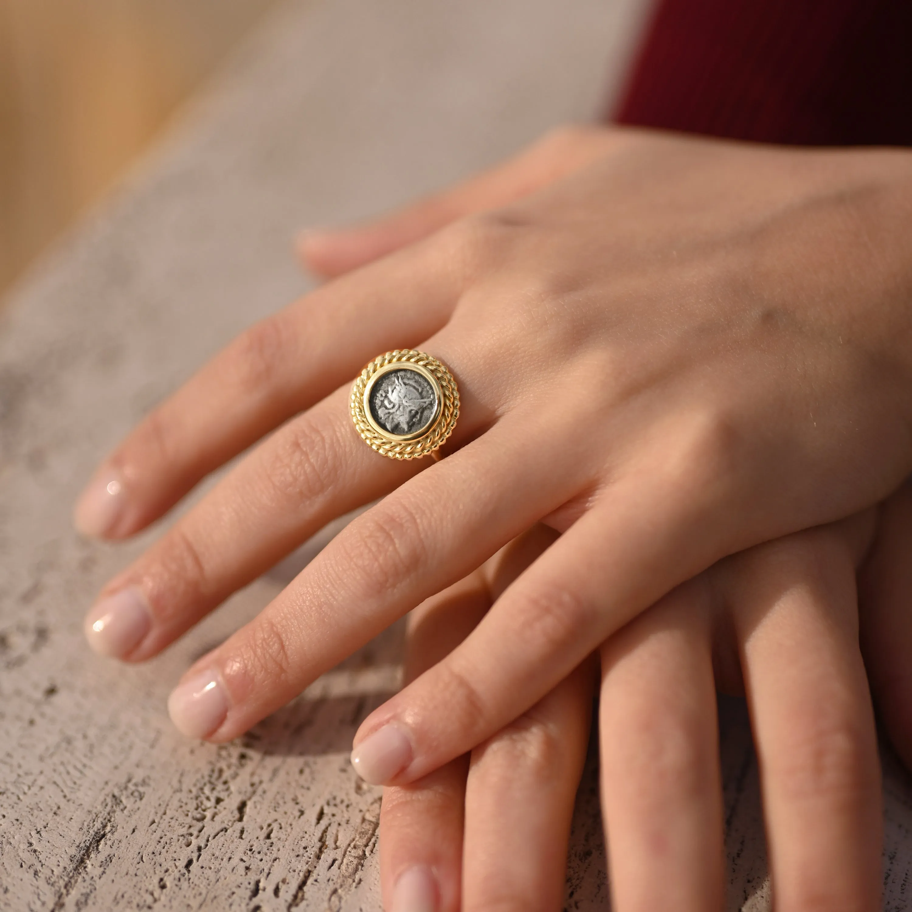 GODDESS ROME Authentic Ancient Roman Coin 211 BC 18 Kt Gold Ring