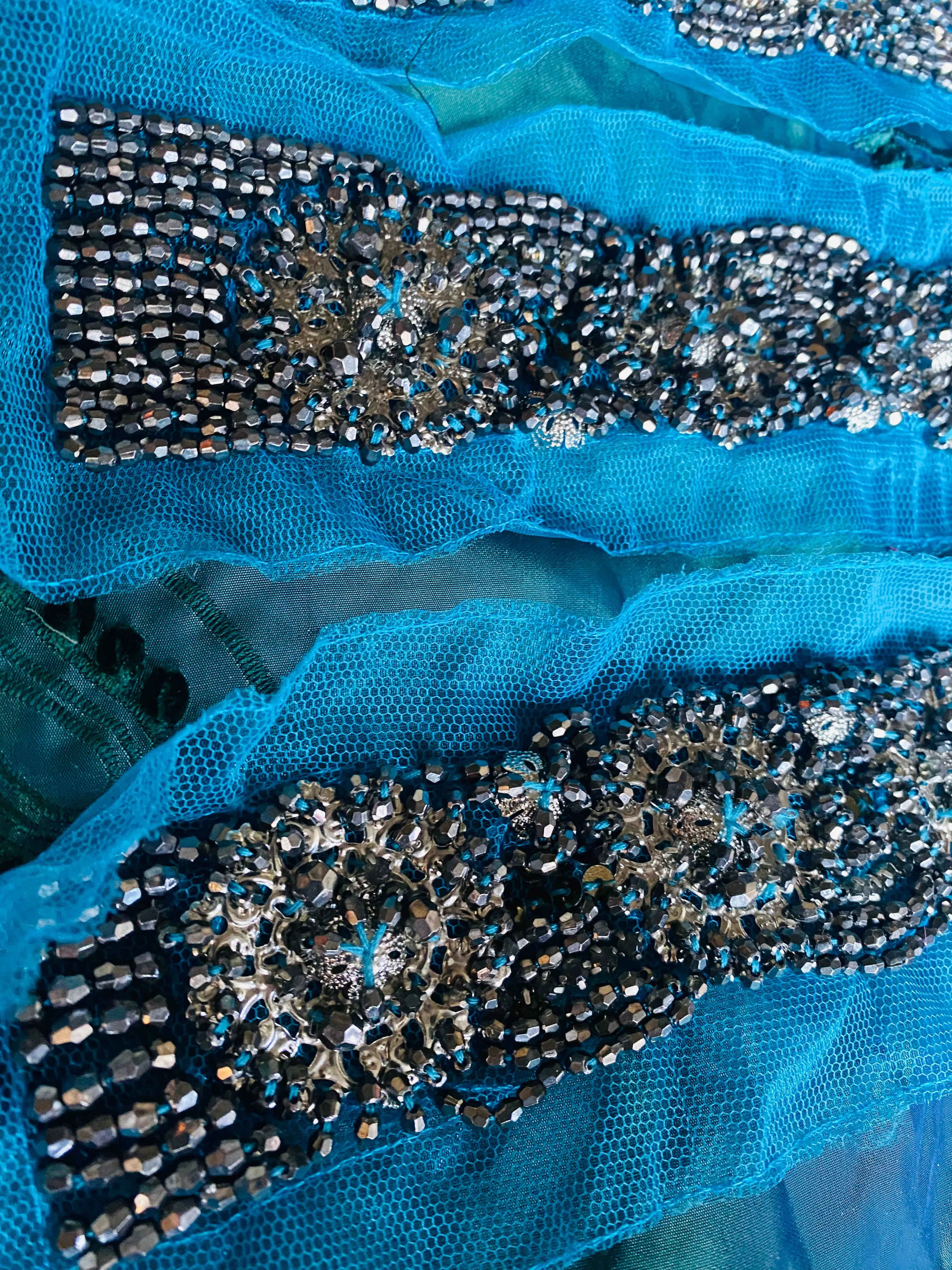 Haggle: THE PRINCE LUKE Silver Beaded Appliqué on Turquoise Mesh Lace