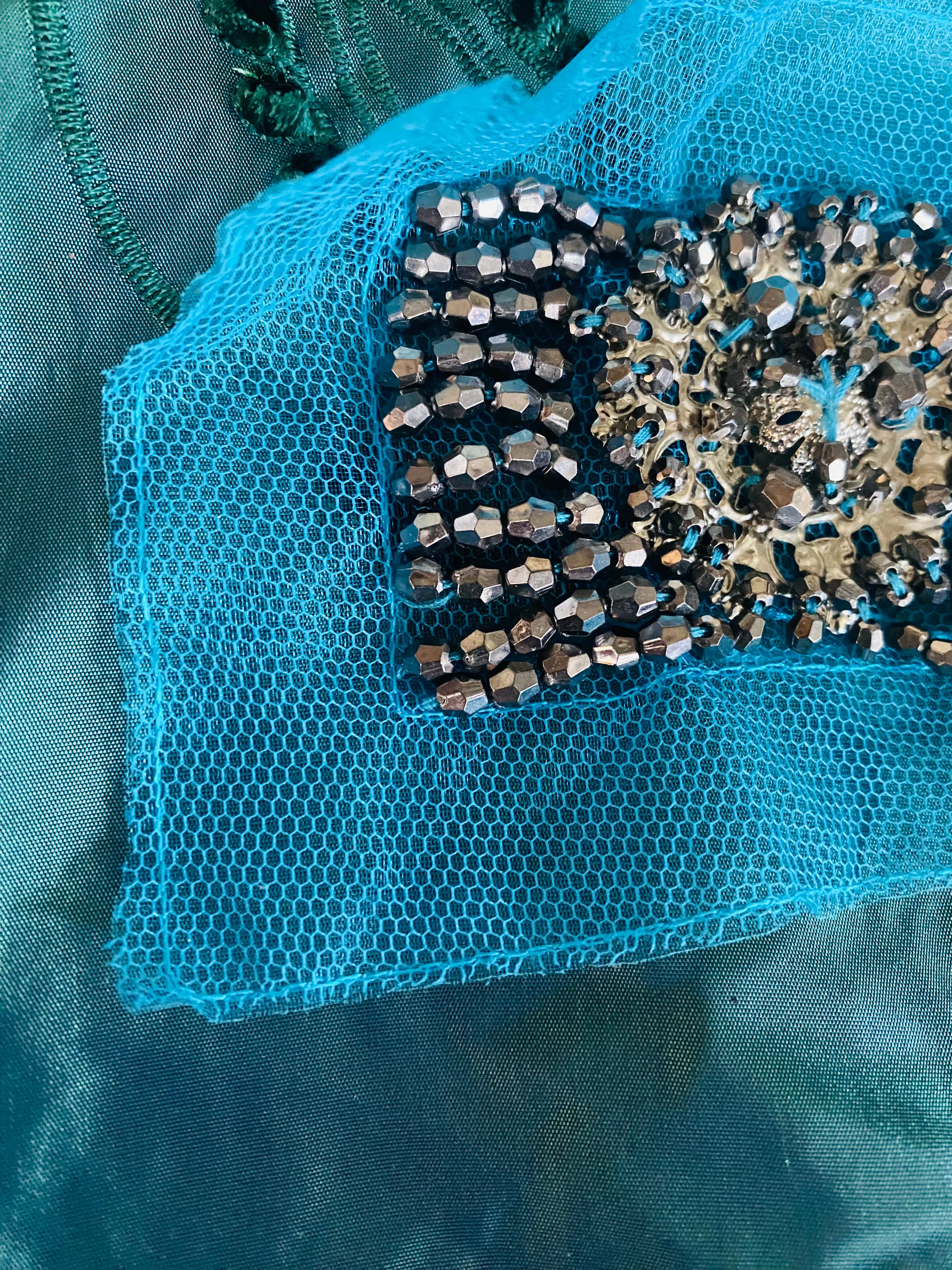 Haggle: THE PRINCE LUKE Silver Beaded Appliqué on Turquoise Mesh Lace