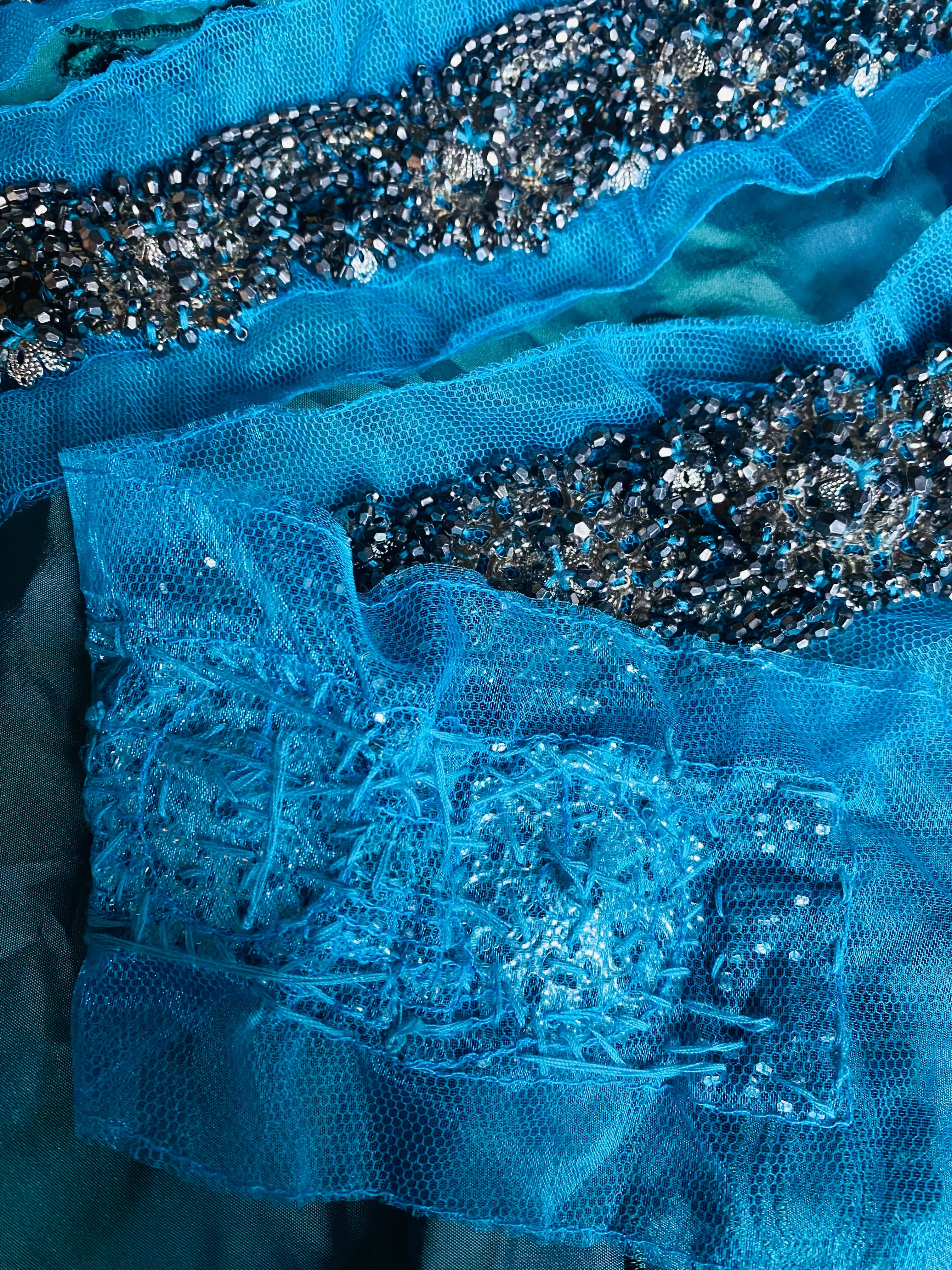Haggle: THE PRINCE LUKE Silver Beaded Appliqué on Turquoise Mesh Lace