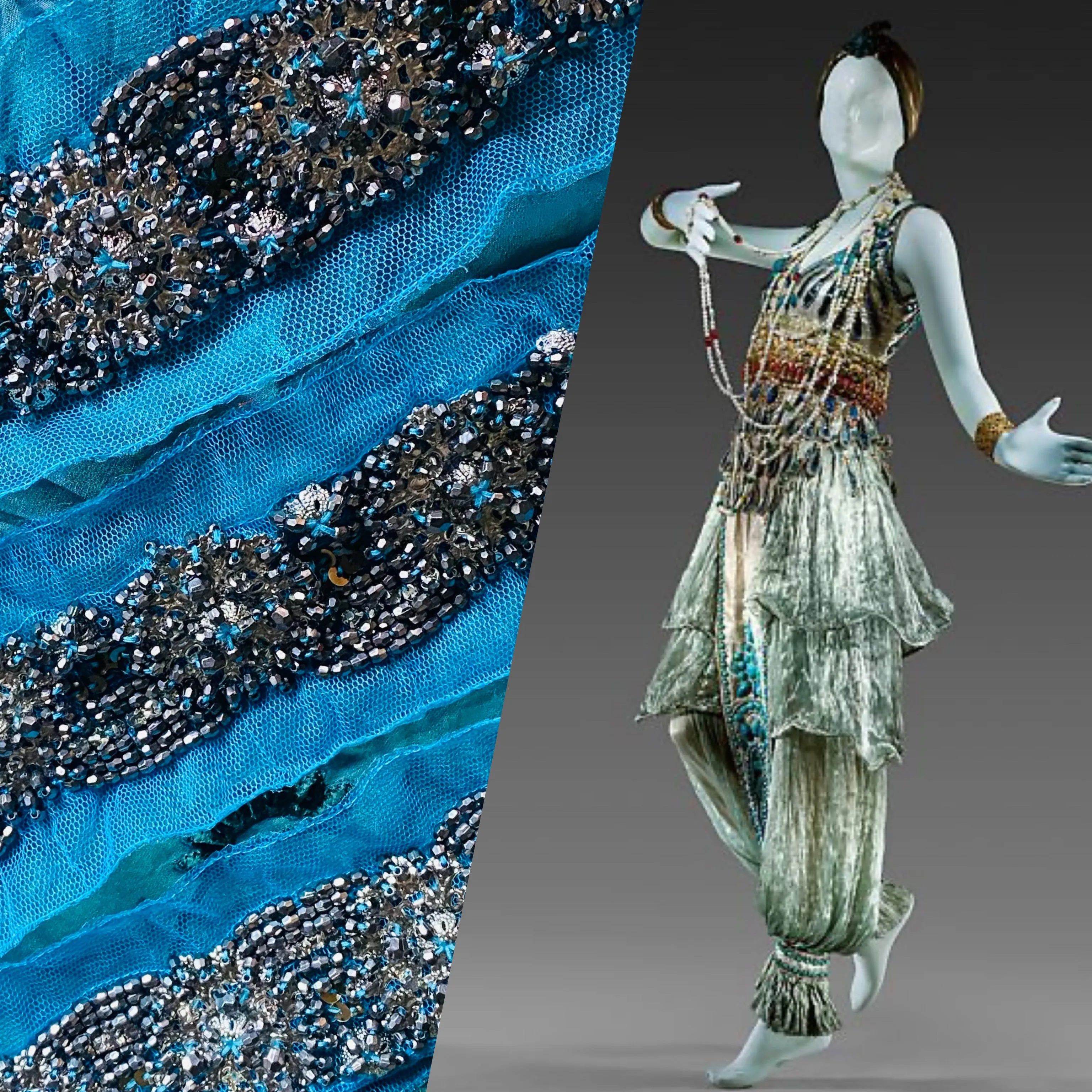Haggle: THE PRINCE LUKE Silver Beaded Appliqué on Turquoise Mesh Lace