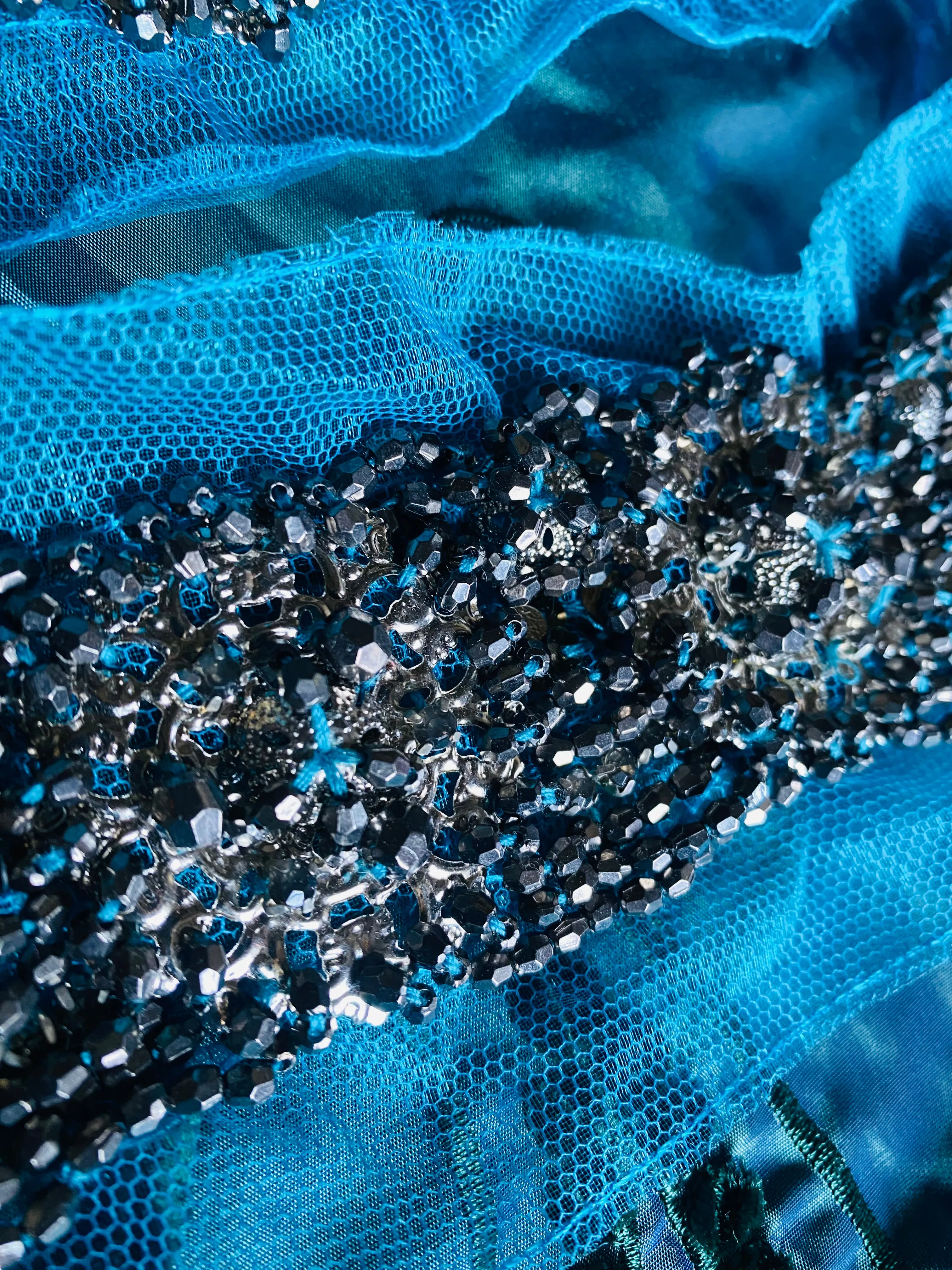 Haggle: THE PRINCE LUKE Silver Beaded Appliqué on Turquoise Mesh Lace