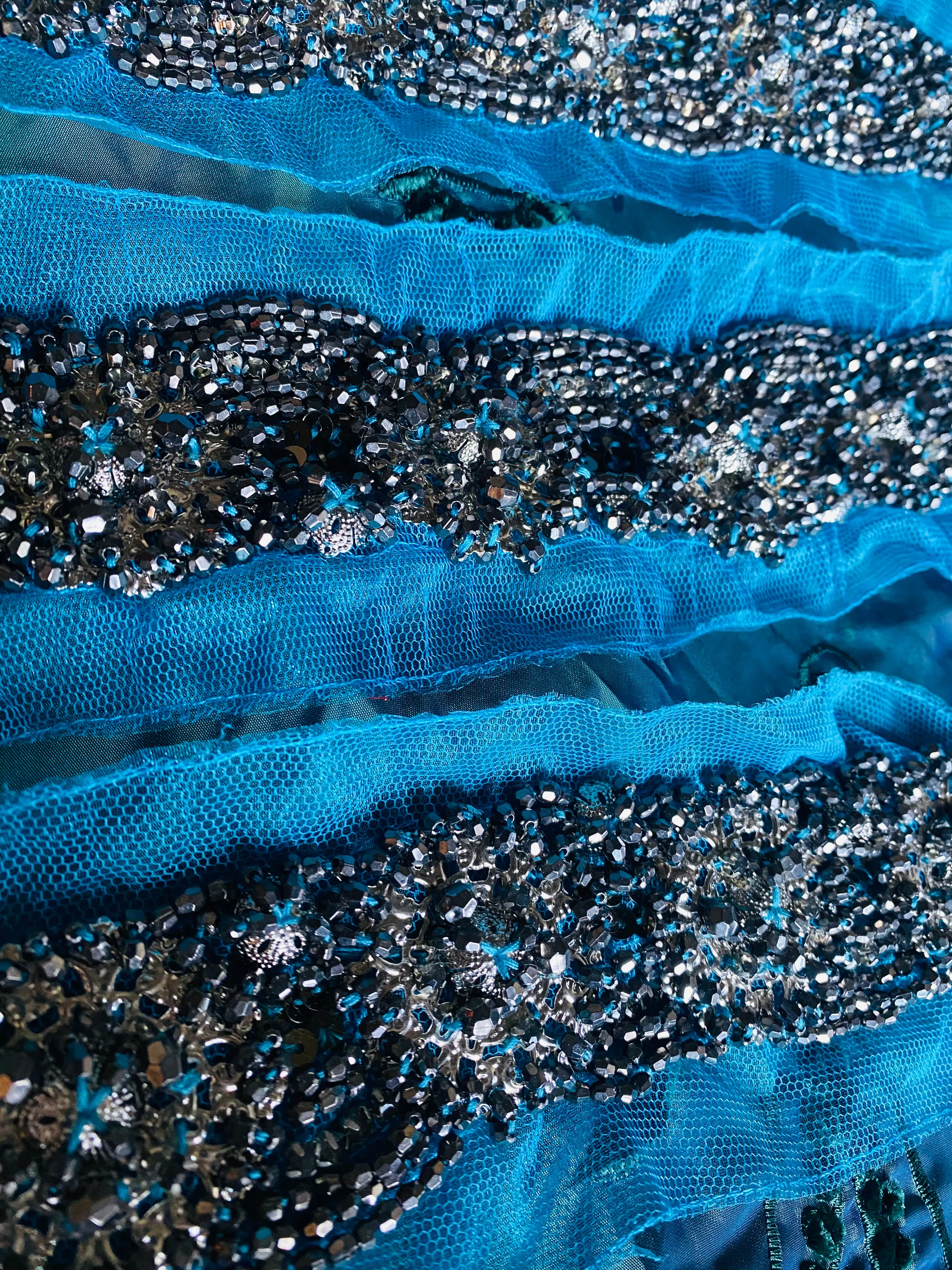 Haggle: THE PRINCE LUKE Silver Beaded Appliqué on Turquoise Mesh Lace