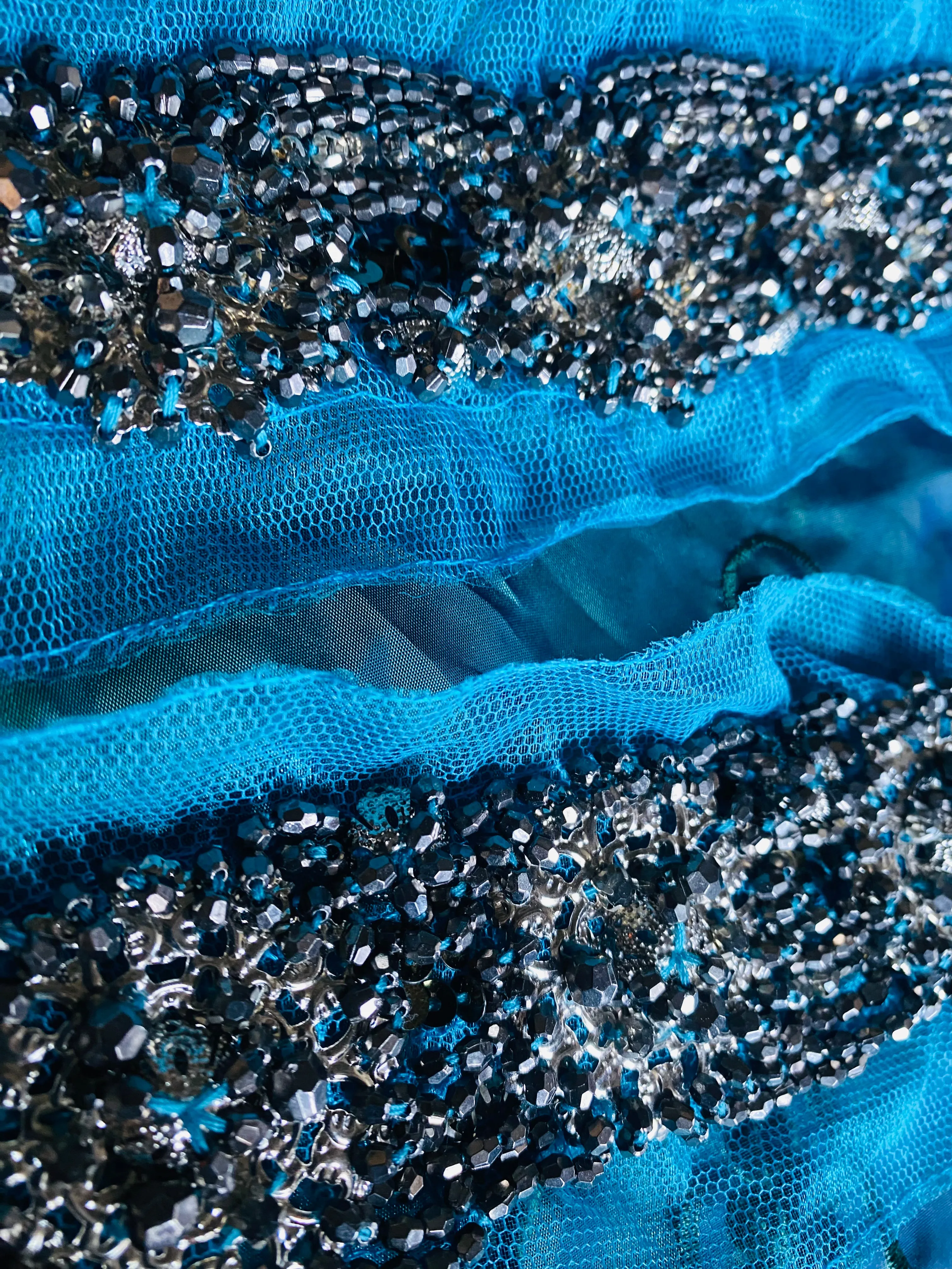 Haggle: THE PRINCE LUKE Silver Beaded Appliqué on Turquoise Mesh Lace