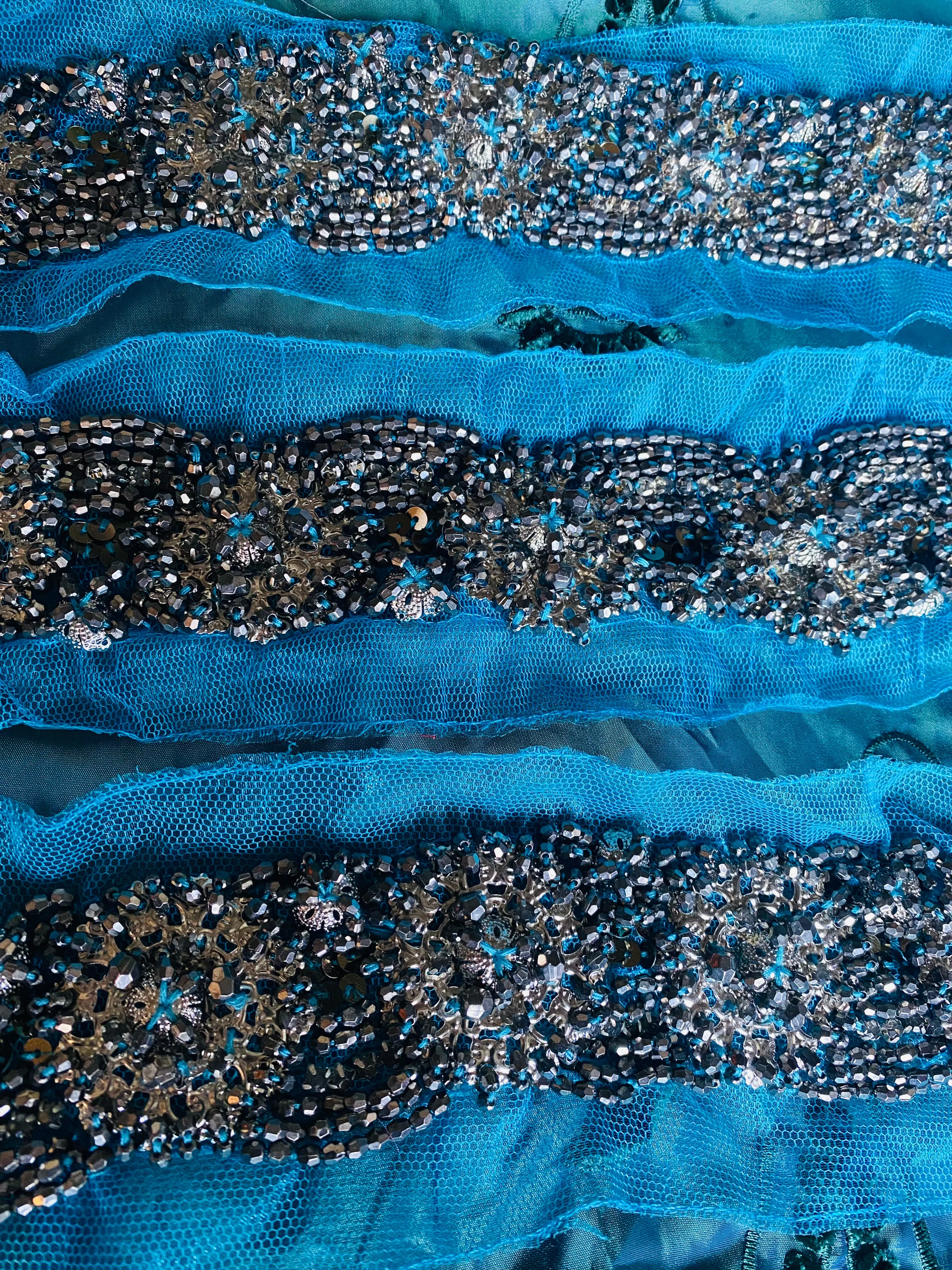 Haggle: THE PRINCE LUKE Silver Beaded Appliqué on Turquoise Mesh Lace