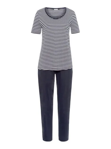 Hanro Womens Laura Short Sleeve Long Pajama Set in Midnight Stripe, Large