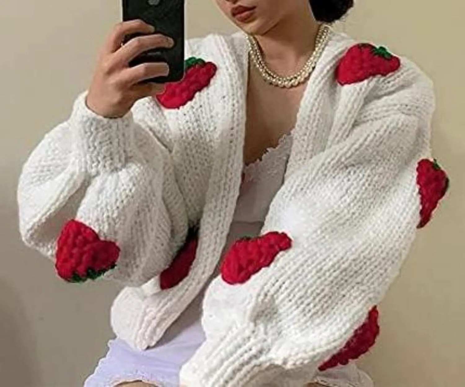 Heart Cute Cropped Cardigan for Women Aesthetic Embroidered Floral Knit Button Down Sweater Outwear