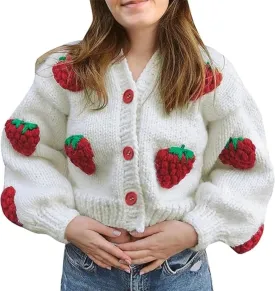 Heart Cute Cropped Cardigan for Women Aesthetic Embroidered Floral Knit Button Down Sweater Outwear