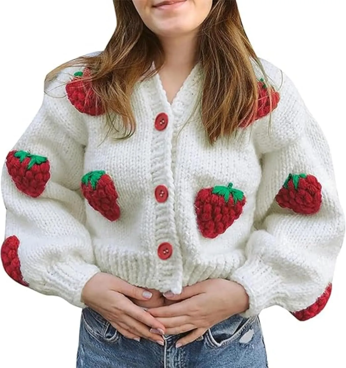 Heart Cute Cropped Cardigan for Women Aesthetic Embroidered Floral Knit Button Down Sweater Outwear