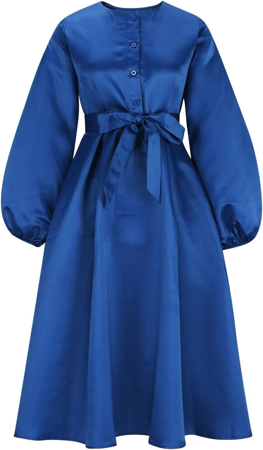 HGps8w Satin Swing Cocktail Midi Dresses for Women Elegant Puff Sleeve Button Front A-Line Formal Party Prom Dress