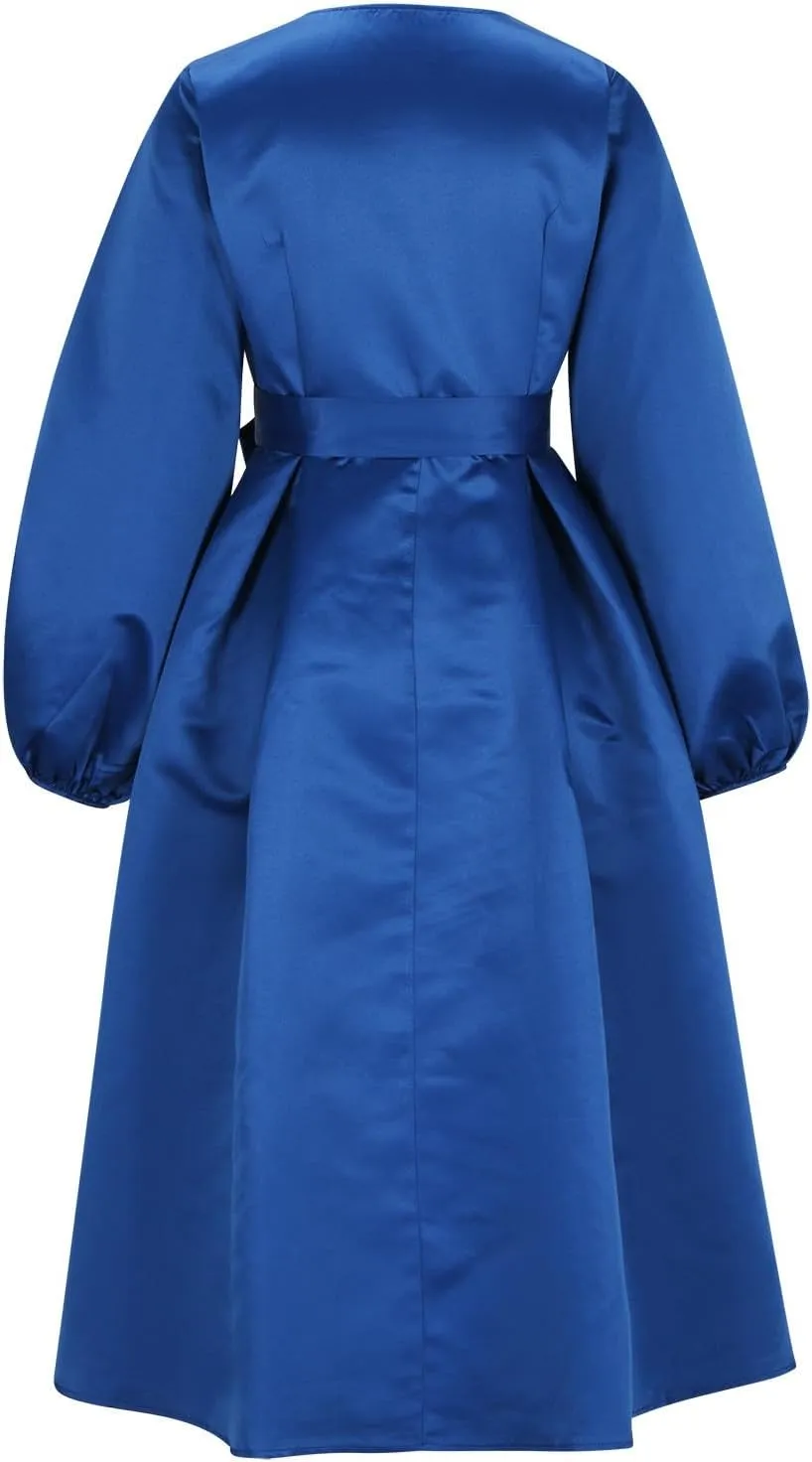 HGps8w Satin Swing Cocktail Midi Dresses for Women Elegant Puff Sleeve Button Front A-Line Formal Party Prom Dress