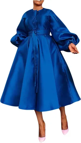HGps8w Satin Swing Cocktail Midi Dresses for Women Elegant Puff Sleeve Button Front A-Line Formal Party Prom Dress