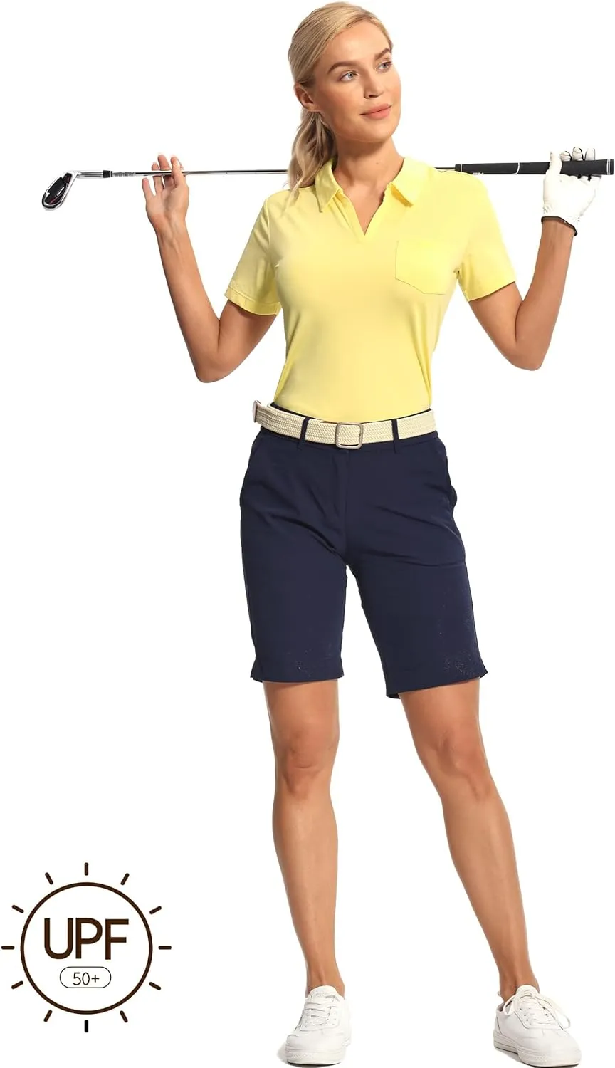 Hiverlay Women's Golf Shirt Short Sleeve V Neck Collar Polo Shirts Athletic Tennis Tops Lightweight Quick Dry UPF 50 
