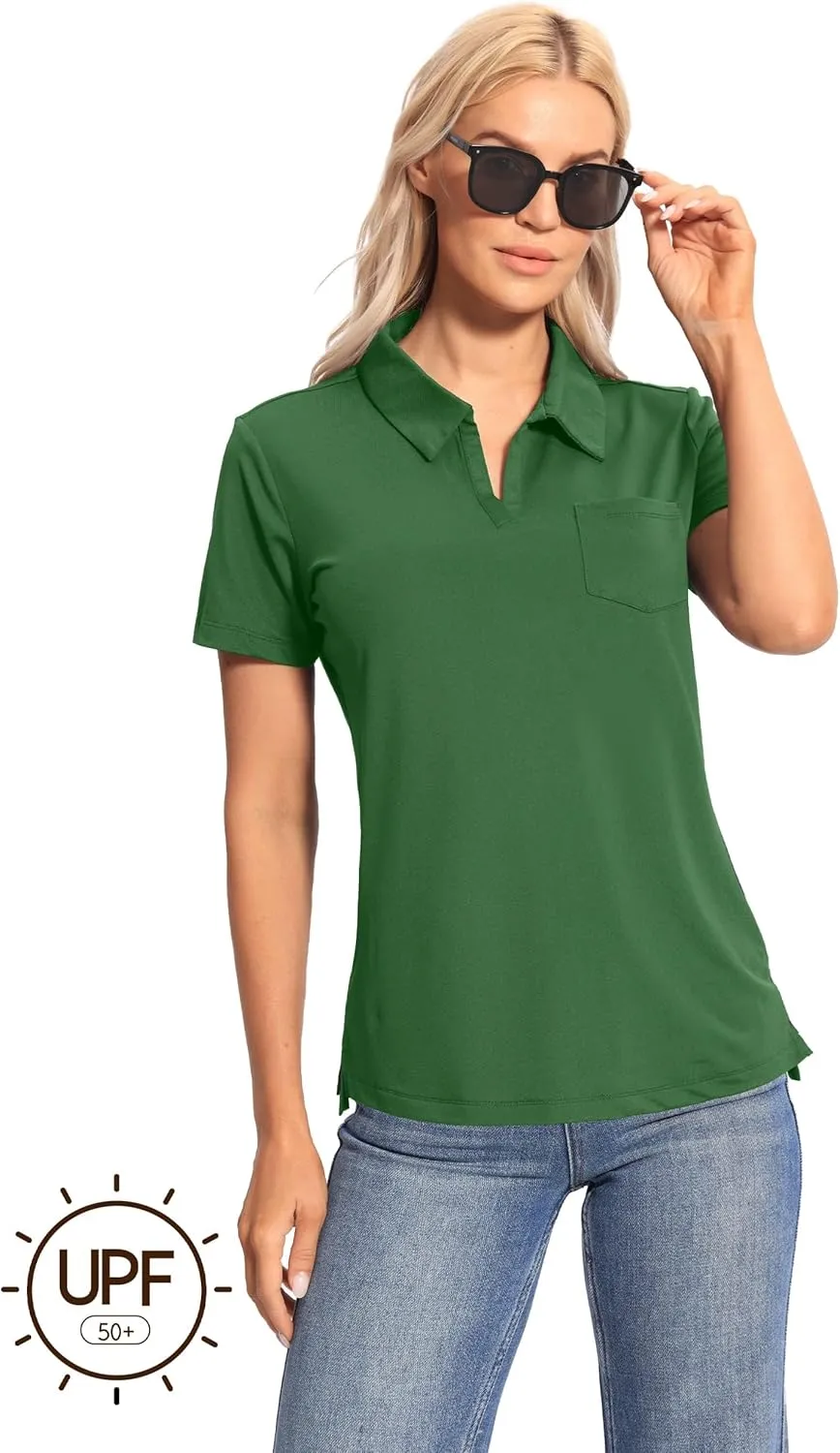 Hiverlay Women's Golf Shirt Short Sleeve V Neck Collar Polo Shirts Athletic Tennis Tops Lightweight Quick Dry UPF 50 
