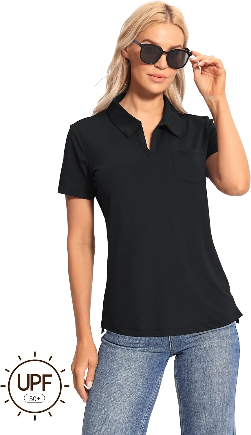 Hiverlay Women's Golf Shirt Short Sleeve V Neck Collar Polo Shirts Athletic Tennis Tops Lightweight Quick Dry UPF 50 