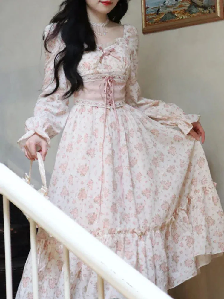 Hnzxzm Spring Pink Floral Elegant Dress Women Bandage Lace Print Sweet Vintage Dress Puff Sleeve Kawaii Dress Women Princess Fairy