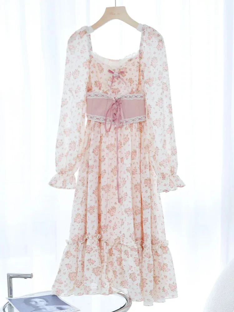 Hnzxzm Spring Pink Floral Elegant Dress Women Bandage Lace Print Sweet Vintage Dress Puff Sleeve Kawaii Dress Women Princess Fairy