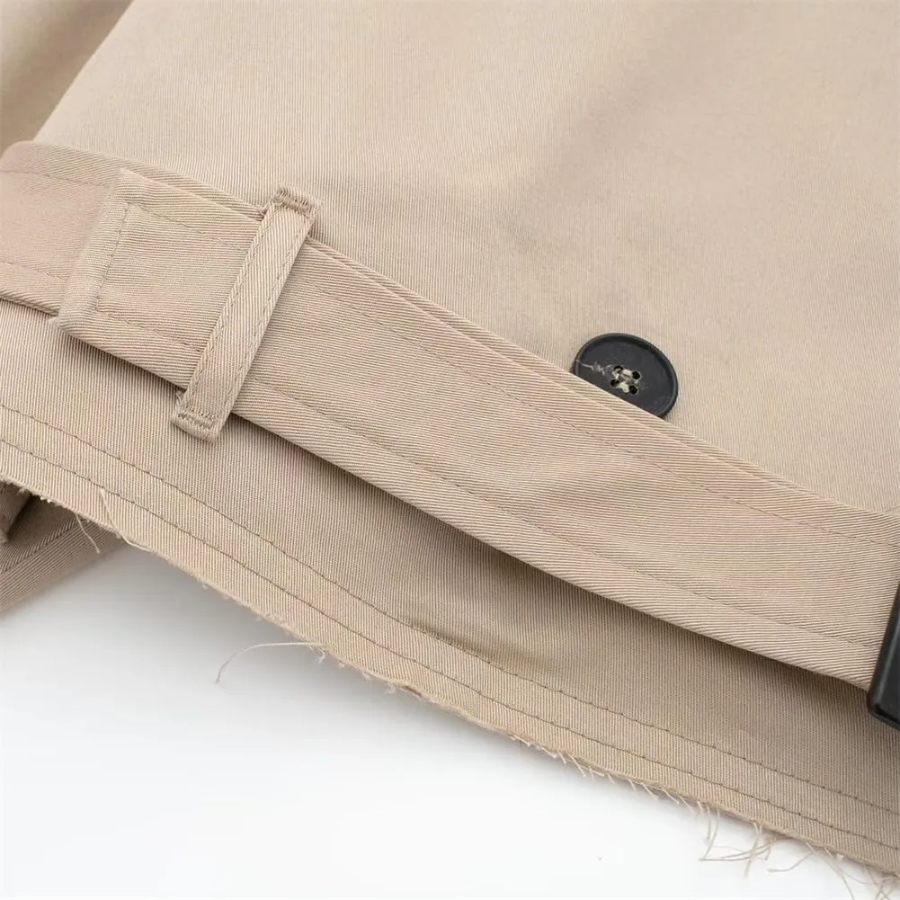 HOULENGS Cropped Trench Coat for Women Casual Long Sleeve Motorcycle Jacket Double Breasted Pea Coat Outwear with Belt