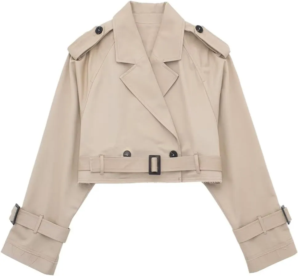 HOULENGS Cropped Trench Coat for Women Casual Long Sleeve Motorcycle Jacket Double Breasted Pea Coat Outwear with Belt