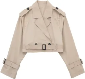HOULENGS Cropped Trench Coat for Women Casual Long Sleeve Motorcycle Jacket Double Breasted Pea Coat Outwear with Belt