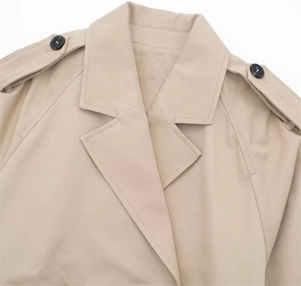 HOULENGS Cropped Trench Coat for Women Casual Long Sleeve Motorcycle Jacket Double Breasted Pea Coat Outwear with Belt