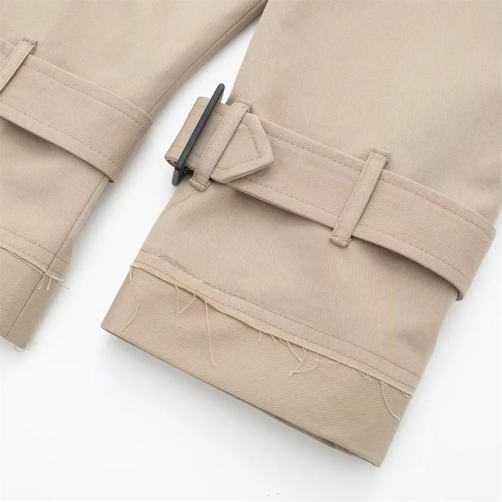 HOULENGS Cropped Trench Coat for Women Casual Long Sleeve Motorcycle Jacket Double Breasted Pea Coat Outwear with Belt