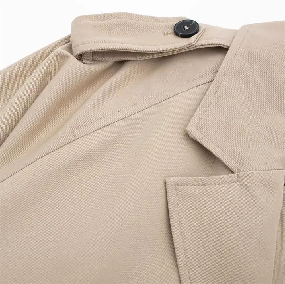 HOULENGS Cropped Trench Coat for Women Casual Long Sleeve Motorcycle Jacket Double Breasted Pea Coat Outwear with Belt