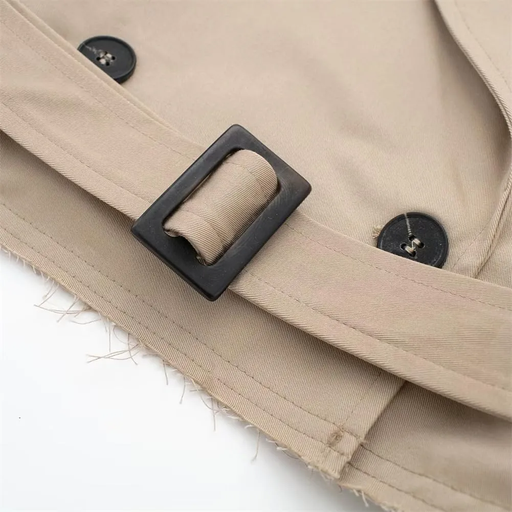 HOULENGS Cropped Trench Coat for Women Casual Long Sleeve Motorcycle Jacket Double Breasted Pea Coat Outwear with Belt