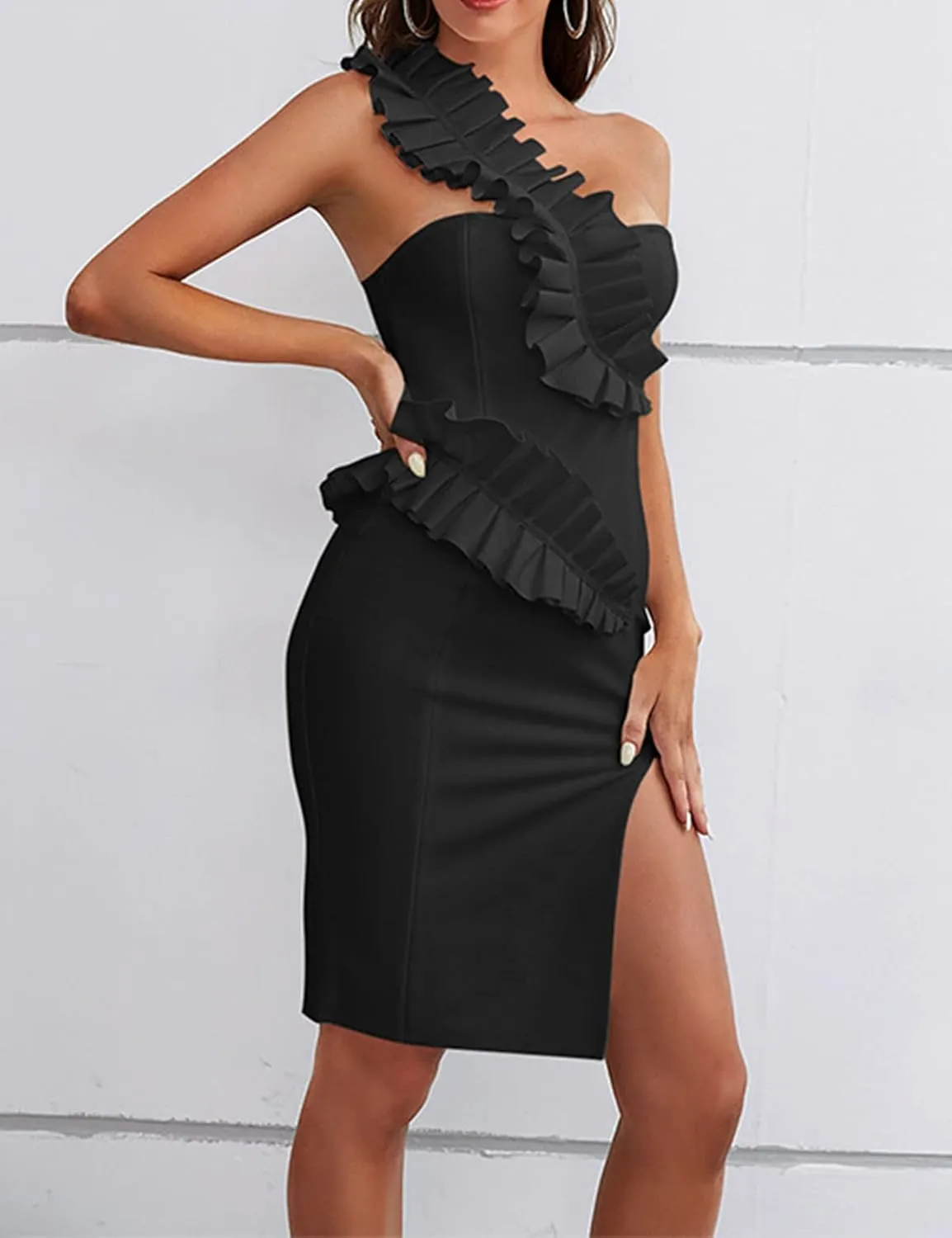 houstil Women's One Shoulder Wedding Guest Dress Side Split Bandage Bodycon Midi Cocktail Club Dresses