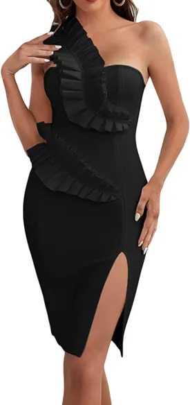 houstil Women's One Shoulder Wedding Guest Dress Side Split Bandage Bodycon Midi Cocktail Club Dresses