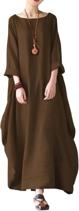 Jacansi Women's Cotton Linen Dress with Pocket Oversized Loose Dress Kaftan Dress