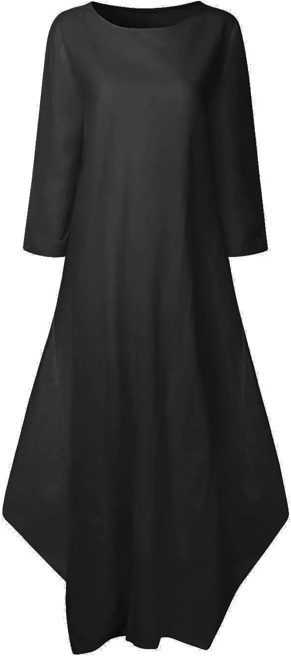 Jacansi Women's Cotton Linen Dress with Pocket Oversized Loose Dress Kaftan Dress