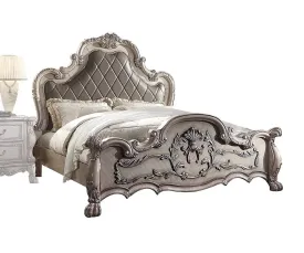 Jazlyn Rococo Style King Bed, Vintage White & Faux Leather
