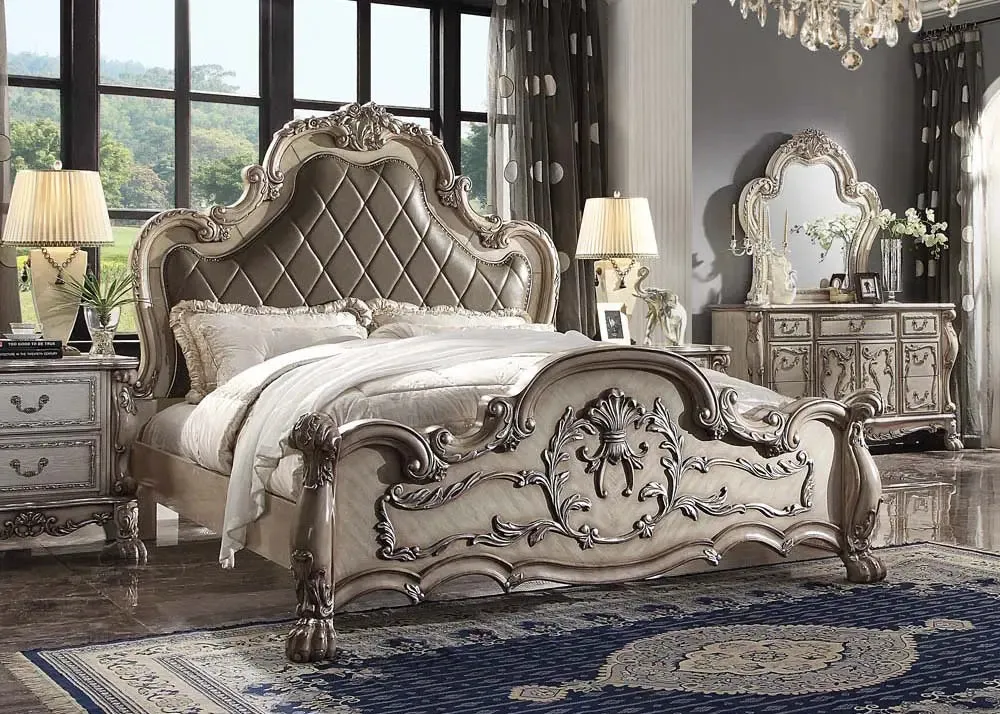 Jazlyn Rococo Style King Bed, Vintage White & Faux Leather