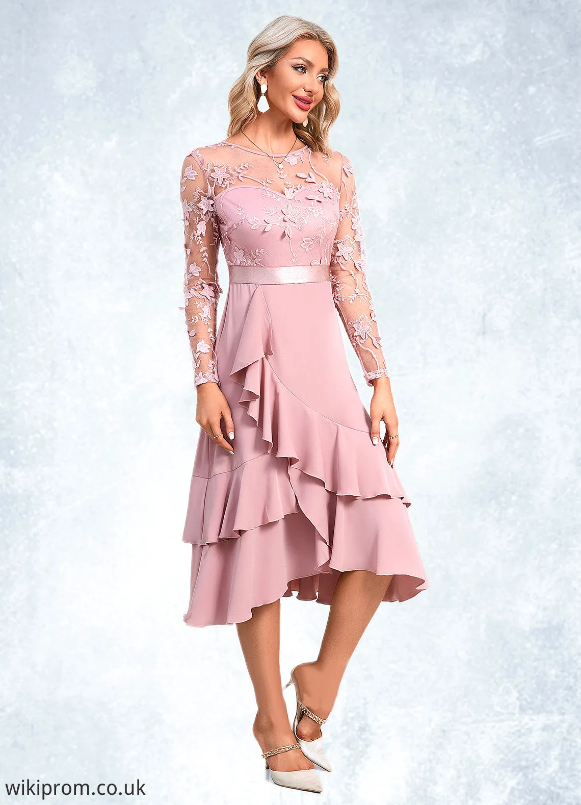 Kaylin Flower Cascading Ruffles Illusion Elegant A-line Jacquard Asymmetrical Dresses SWKP0022393