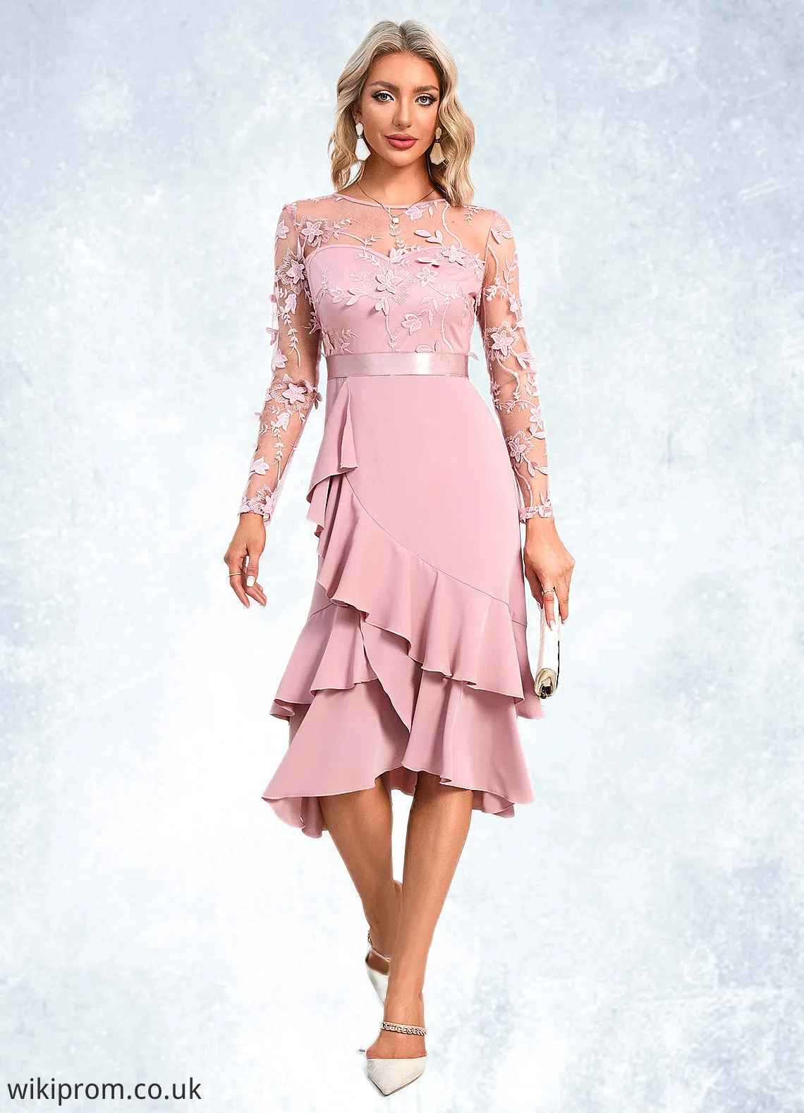 Kaylin Flower Cascading Ruffles Illusion Elegant A-line Jacquard Asymmetrical Dresses SWKP0022393
