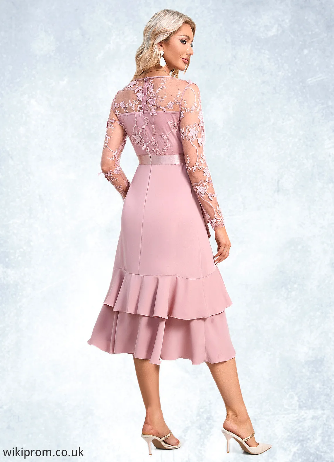 Kaylin Flower Cascading Ruffles Illusion Elegant A-line Jacquard Asymmetrical Dresses SWKP0022393