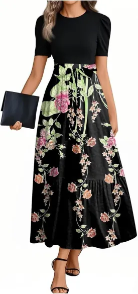 Kenvina Women Summer Floral Print Flowy Short Sleeve Dresses Beach Vacation Patchwork Empire Waist Tie Belted Maxi Dress