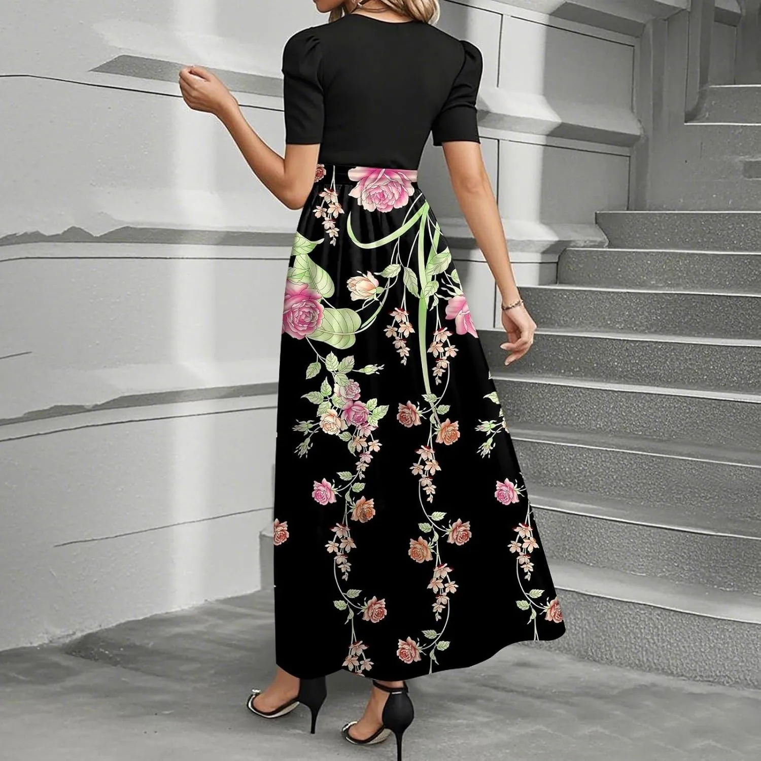 Kenvina Women Summer Floral Print Flowy Short Sleeve Dresses Beach Vacation Patchwork Empire Waist Tie Belted Maxi Dress