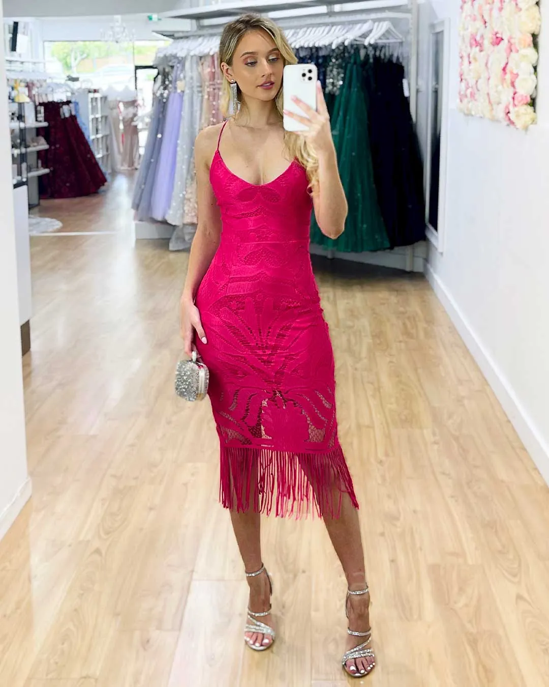 Khaleesi Lace Midi Dress - Hot Pink