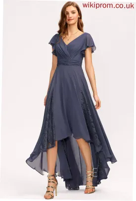 Lace Embellishment Fabric A-Line V-neck Ruffle Neckline Asymmetrical Silhouette Length Journey Spandex Bridesmaid Dresses