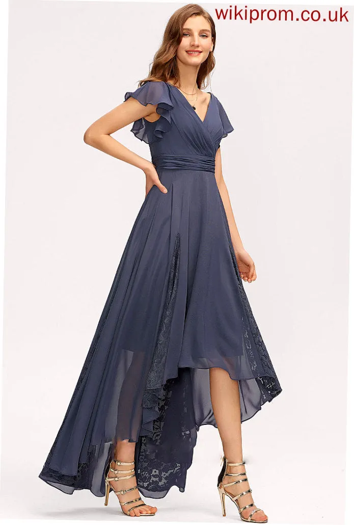Lace Embellishment Fabric A-Line V-neck Ruffle Neckline Asymmetrical Silhouette Length Journey Spandex Bridesmaid Dresses