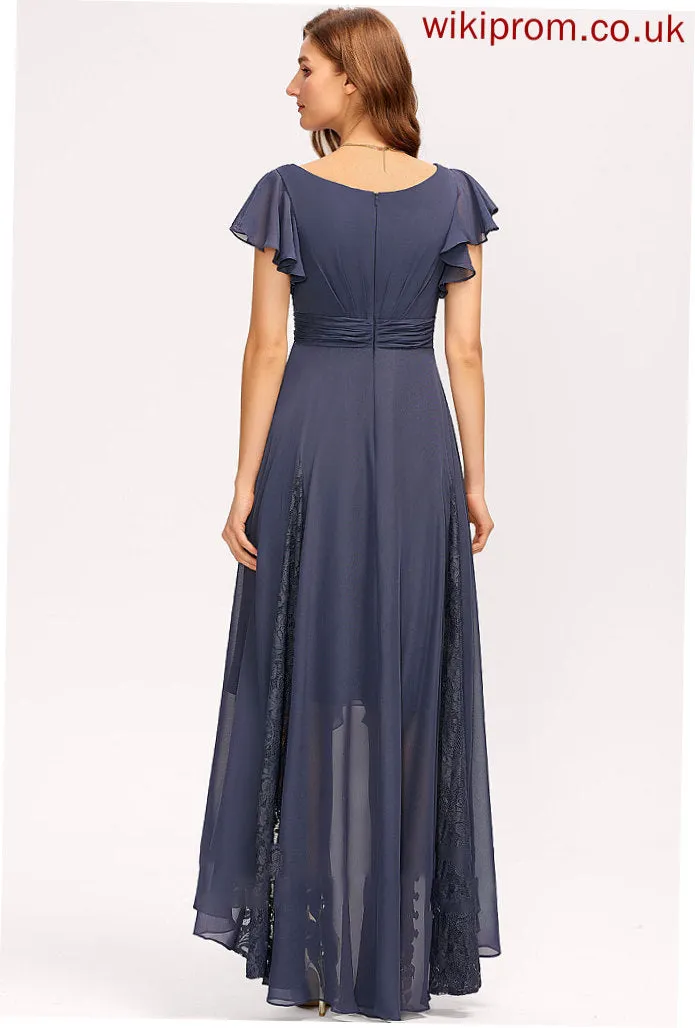 Lace Embellishment Fabric A-Line V-neck Ruffle Neckline Asymmetrical Silhouette Length Journey Spandex Bridesmaid Dresses