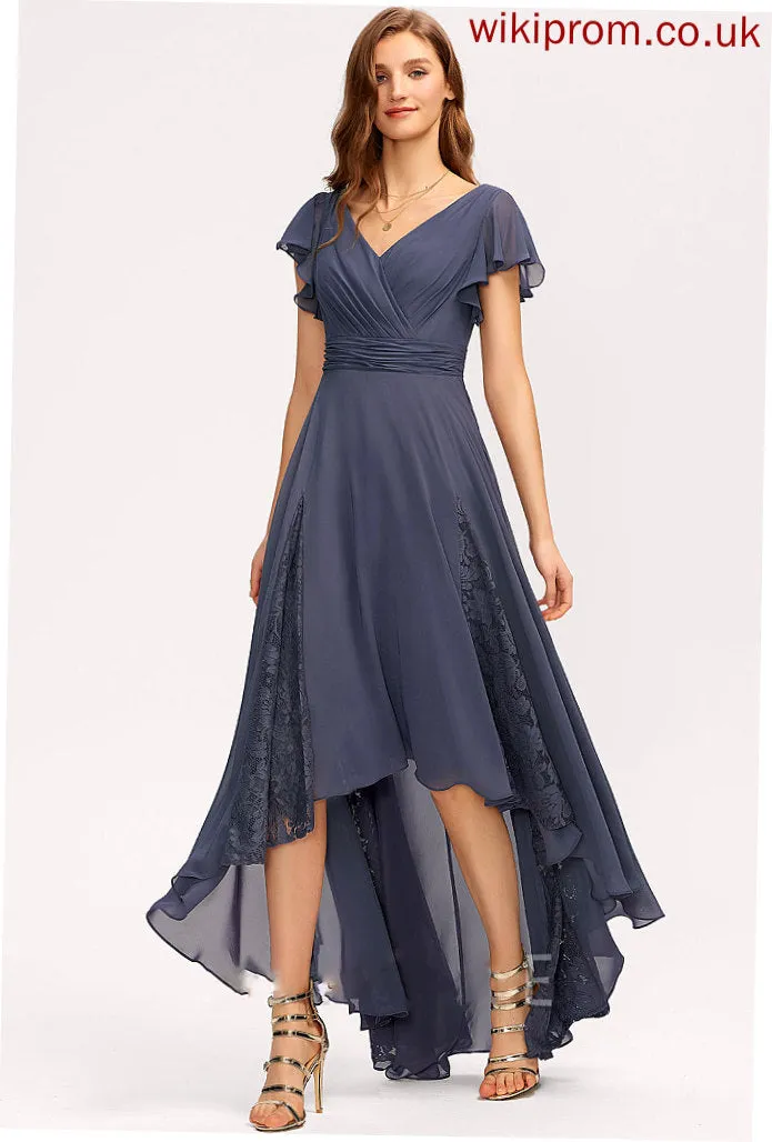 Lace Embellishment Fabric A-Line V-neck Ruffle Neckline Asymmetrical Silhouette Length Journey Spandex Bridesmaid Dresses