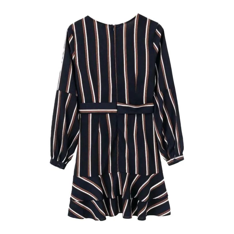 Lantern Sleeve Casual Striped V-Neck Ruffle Mini Party Dress Women