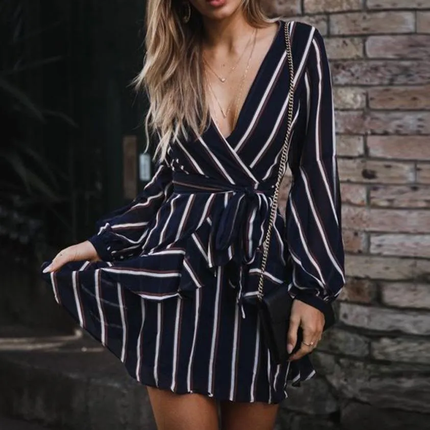Lantern Sleeve Casual Striped V-Neck Ruffle Mini Party Dress Women