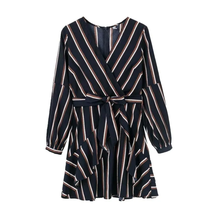 Lantern Sleeve Casual Striped V-Neck Ruffle Mini Party Dress Women